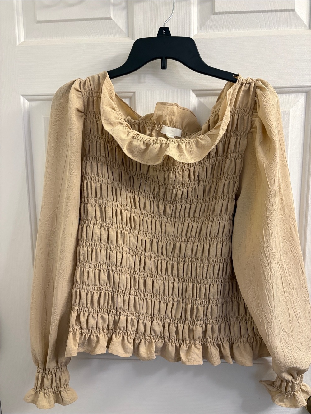 H&M Beige Smocked Long-Sleeve Ruffle Blouse